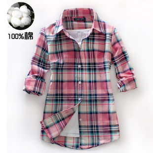  良衣尼朵春装新款长袖韩版加厚格子衬衫学院风女式加绒衬衣