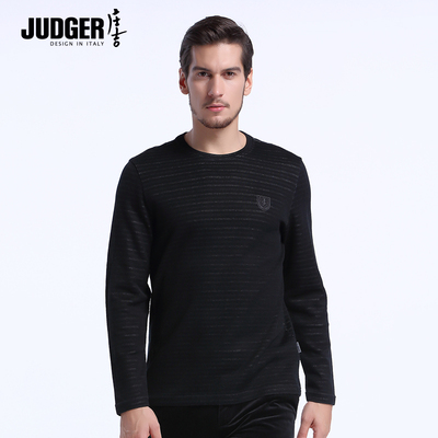 JUDGER/庄吉新品男装黑底简约商务圆领条纹长袖加厚T恤