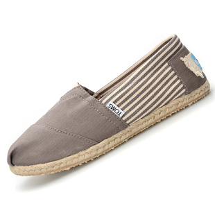  代购toms帆布鞋 欧美正品条纹舒适单鞋 亚麻牛筋底透气平底鞋男女