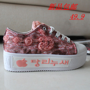  包邮新品色拼接网料学生鞋立体花型装饰高跟女鞋松糕跟帆布鞋