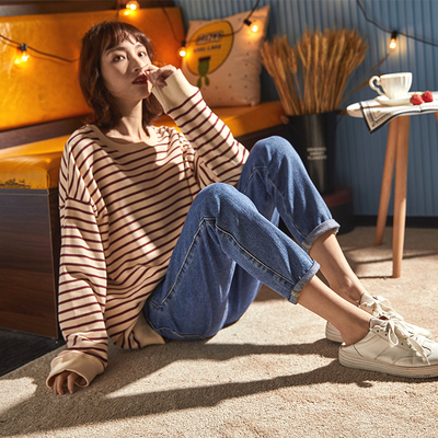 唐狮抓绒牛仔裤女春秋季2018新款宽松直筒裤冬韩版显瘦哈伦裤老爹