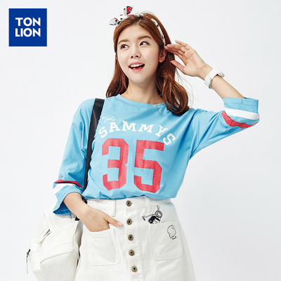 唐狮春装新款圆领纯棉T恤女数字撞色印花宽松青年七分袖体恤韩版