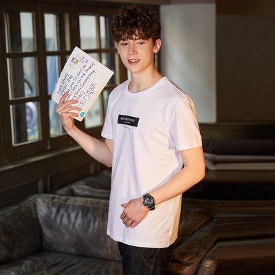 【2件5折】唐狮2018夏季新款短袖T恤男文字印花青少年时尚