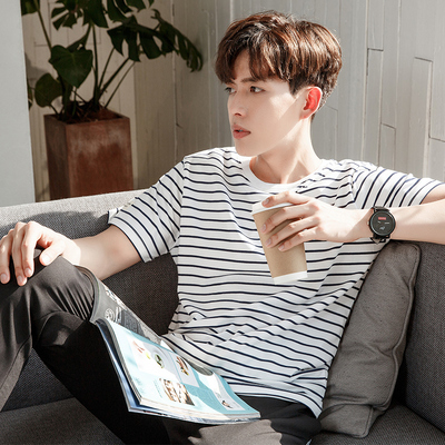 唐狮t恤男短袖条纹2018夏季青年圆领半袖体恤打底衫修身潮流男装