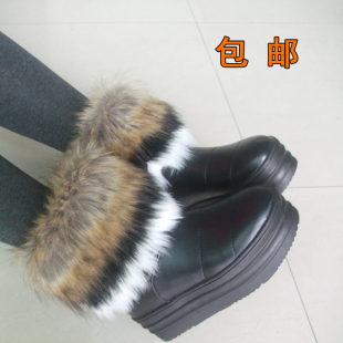  包邮冬季雪地靴 仿狐狸毛短筒靴子 松糕跟内增高坡跟厚底女鞋棉鞋