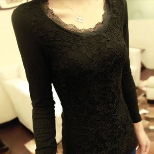  春秋女装新品蕾丝拼接弹力显瘦修身螺纹T恤打底衫 蕾丝边圆领打底
