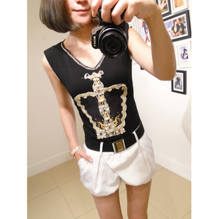  新款韩版春夏T恤 钉珠蕾丝短袖t恤 女 t恤 女 短袖潮J919