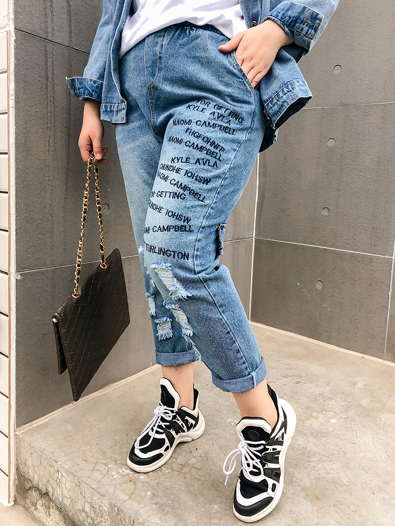 Shanshan Fat sister hole Beggar pants 2019 Spring new pattern Elastic waist Large Women's wear Versatile Jeansin the Women's clothing/Boutique , Large size women category - from Buy2taobao.com to provide professional Taobao agent buy service