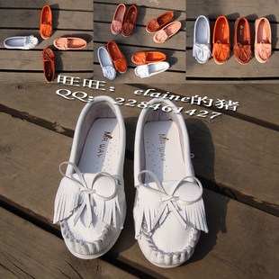  皇冠】头层牛皮！正品真皮英伦唐卡流苏小白鞋单鞋平底鞋女鞋新款