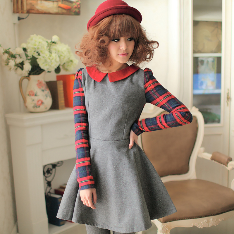 拼接纯棉格子长袖...