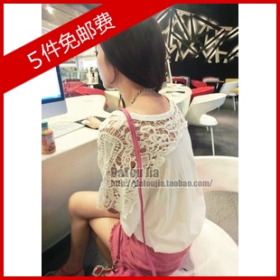  春装新款露肩勾花镂空拼接t恤女短袖宽松蝙蝠袖蕾丝t #945