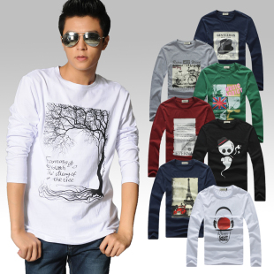  两件68包邮春款打底衫 男士长袖T恤男装潮方块树印花长袖男t恤男