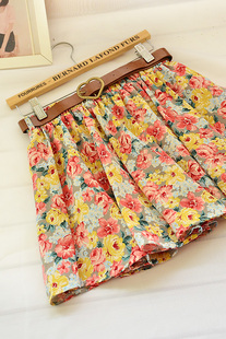  春夏新款 韩版日系甜美复古碎花印花雪纺高腰短裙 女 半身裙