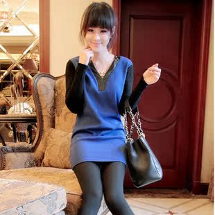 女装长袖T恤长衫拼接...