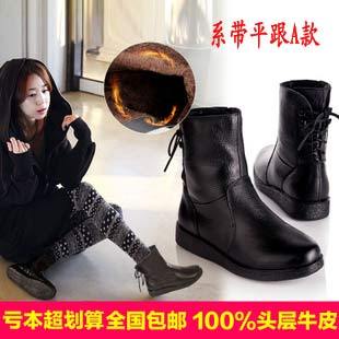  爆款新款100%头层牛皮防水台粗跟保暖短靴侧拉链交绑带马丁靴