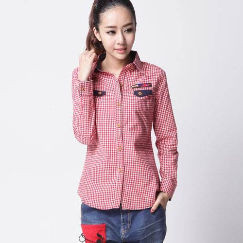 学院风格子长袖衬衫...