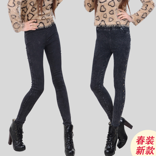  新款秋冬女士加绒加厚打底裤牛仔女裤靴裤大码铅笔小脚裤棉裤