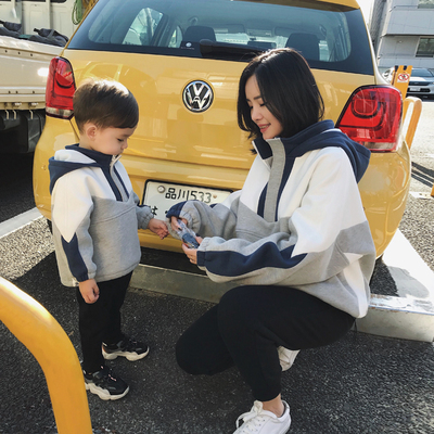 辰辰妈婴童装亲子装冬装母子女潮撞色拼接卫衣加绒男宝宝宽松上衣