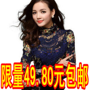  包邮冬装新款 女装韩版雪纺蕾丝高领修身长袖打底衫 加厚时尚小衫