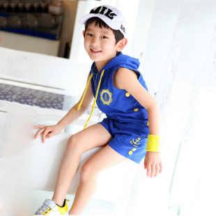  童装原创男童 夏日印象女童套装 儿童水手短裤2件套连帽夏季