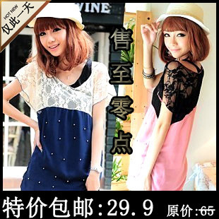  蕾丝 女装 短袖T恤 特价韩版夏装 时尚背心女装 真两件雪纺衫