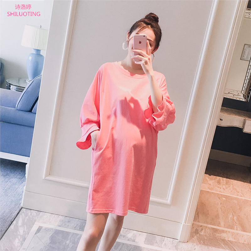 SHILUOTING 孕妇装夏新款圆领泡泡袖甜美粉红色纯棉T恤连衣裙子|msdalam kategori Bekalan Ibu / Ibu / Pemakanan, bersalin, pakaian - dari Buy2taobao.com untuk memberikan perkhidmatan ejen Taobao profesional membeli