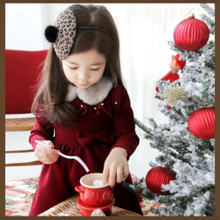  秋冬新款韩国童装 女童钉珠毛毛领新年装儿童加绒连衣裙
