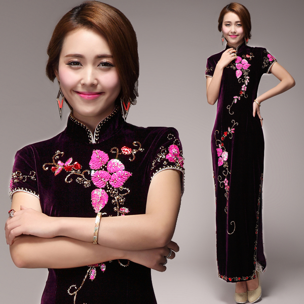 秋冬季长袖金丝绒 结婚婚礼黑色牡丹花名媛开叉妈妈旗袍 12529 秋冬季长袖金丝绒 结婚婚礼黑色牡丹花名媛开叉妈妈旗袍 12529