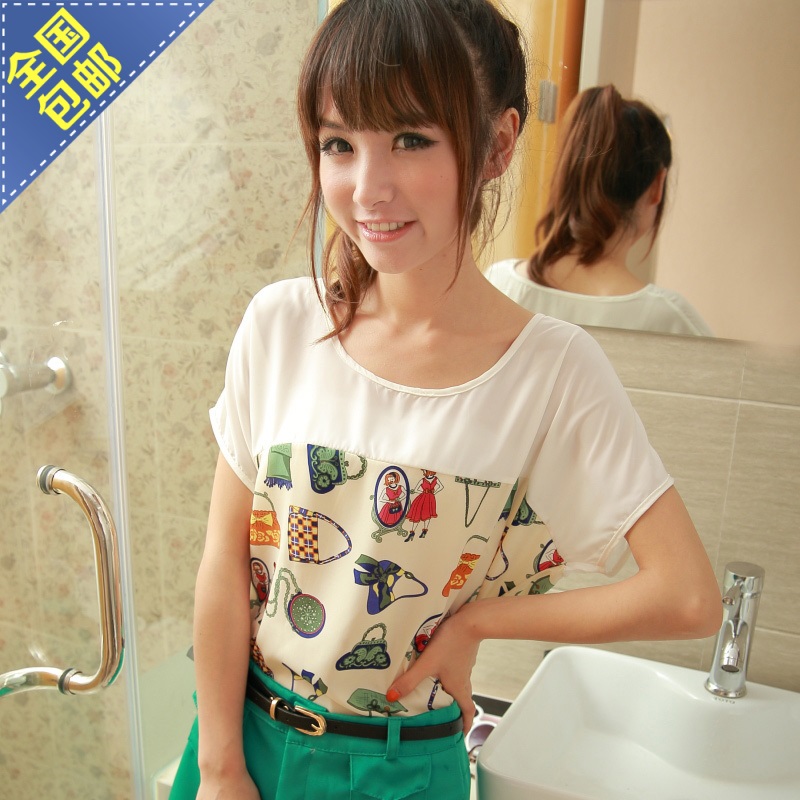 拼接宽松雪纺蝙蝠T恤...