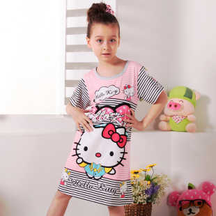  夏季儿童睡衣女童短袖纯棉睡裙 Hello Kitty凯蒂猫女孩家居服包邮