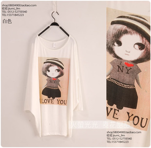 [针织]2012春夏韩版新款圆领宽松长款蝙蝠袖可爱女孩印花针织T恤学院风