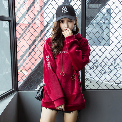 金丝绒原宿套头卫衣2017新款女加厚加绒冬保暖宽松韩版中长款连帽
