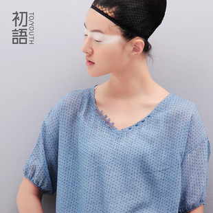  5.20新款夏装 初语际遇 个性手缝V领 抽绳薄款波点短袖衬衫女