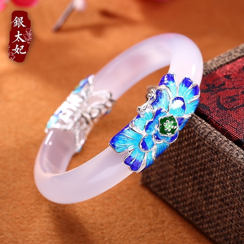 银太妃S925纯银高档首饰天然白玉髓景泰蓝珐琅女款手镯送女友妈妈|msdalam kategori Aksesori/Barang Kemas Fesyen, gelang - dari Buy2taobao.com untuk memberikan perkhidmatan ejen Taobao profesional membeli