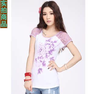  民族风女装 淡雅印花女t恤短袖 夏装镂空蕾丝袖拼接修身体恤衫
