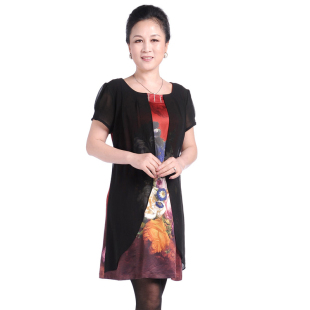  1690胖太太妈妈装品牌中老年丝绒连衣裙高贵洋气假两件连衣裙