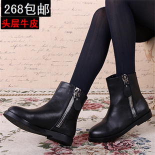  欧洲站鞋欧美英伦牛皮双拉链短靴子女真皮马丁骑士机车女短靴平跟