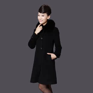  秋冬女装羊毛呢大衣女中长款羊毛呢外套 狐狸毛领 羊绒大衣