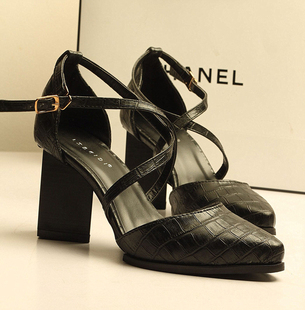  欧美风性感百搭鳄鱼纹尖头鞋高跟鞋粗跟鞋凉鞋新款英伦复古森女鞋