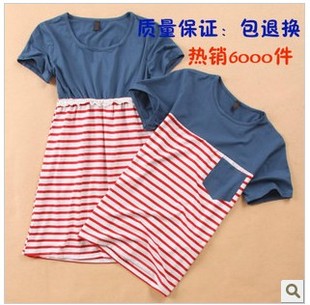  13韩版夏装大码男装条纹t恤拼接蕾丝女裙短袖情侣装拍婚纱照班服