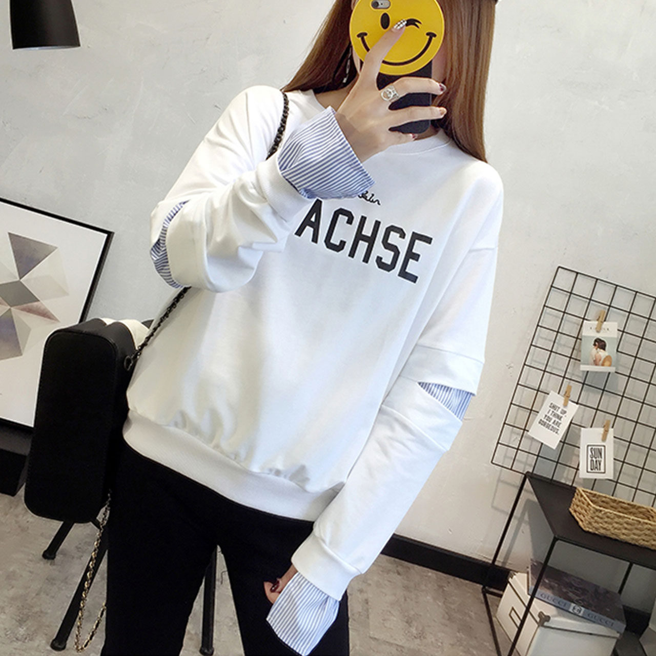 卫衣拼接衬衫袖字母印花韩国2017秋季新款女装韩版宽松bf套头上衣