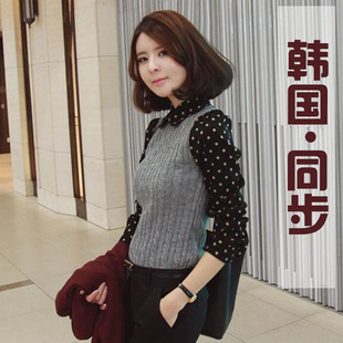  秋冬新款韩版娃娃领波点拼接打底衫 长袖修身提花毛针织衫女