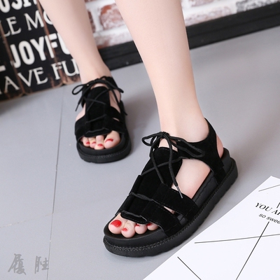 2019夏季新款百搭厚底绑带露趾女鞋罗马平底学生女凉鞋沙滩凉鞋潮