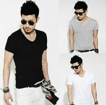 】 【Exclusive discounts Summer Korean version of the influx of men v-neck short sleeve personality compassionate Slim stretch Lycra cotton solid color T-shirt