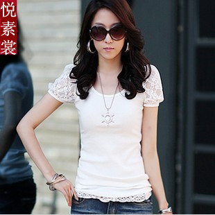 热卖夏装韩版蕾丝拼接泡泡短袖修身时尚简约百搭上衣圆领T恤女