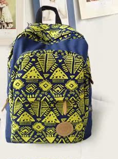  出口包包  韩国几何图案摩登蓝帆布双肩包学生中性背包