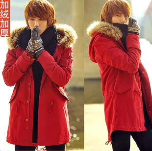  冬装新款韩版中长款潮男修身薄款棉服军绿色大衣外套男款棉衣