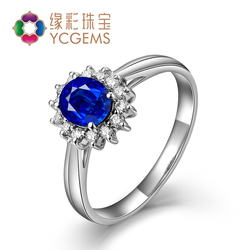 天然斯里兰卡蓝宝石 0.759ct18k白金镶钻戒指 花之恋 国检椭圆形 天然斯里兰卡蓝宝石 0.759ct18k白金镶钻戒指 花之恋 国检椭圆形
