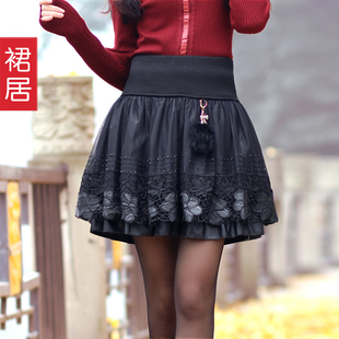  冬季新款蓬蓬裙 PU皮裙蕾丝勾花短裙秋冬裙半身裙子半裙女装