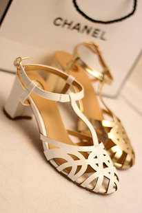  夏季复古特价新款小香风高跟凉鞋T字粗跟罗马女鞋镂空